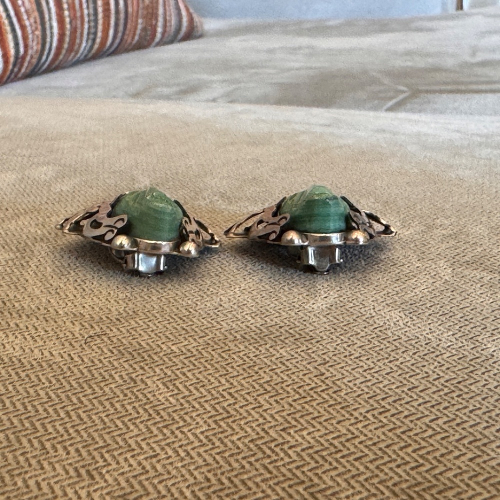 Vintage Sterling Silver Taxco Mexico Carved Mask Face Green Onyx Earrings TV-21 - Picture 6 of 7